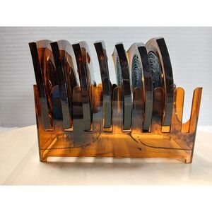 Vintage Amber Lucite Coaster Set 7 Tortoise Shell Acrylic Black Rope Coil MCM